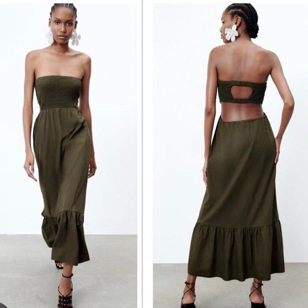 Zara Moss Green Linen Blend Open Back Smocked Ruffle Hem Midi Dress